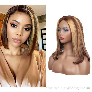 SPARK Highlight Ombre Lace Front Short Bob Wigs Human Hair for Black Women, 130% Density, Remy Hair Brown Blonde Straight